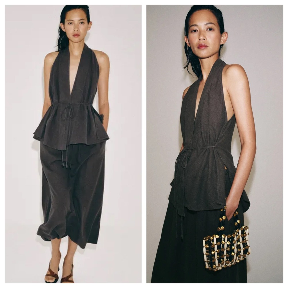 Zara Linen Blend Halter Top Charcoal Gray Tie Waist Deep V-Neck Size M